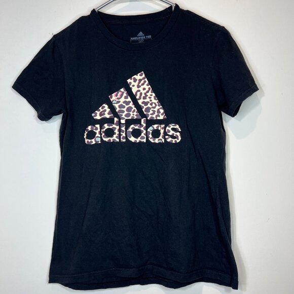 Adidas Amplifier Tee‎ Womens Black & Animal Print Size Small Petite Tee Shirt - Picture 3 of 9